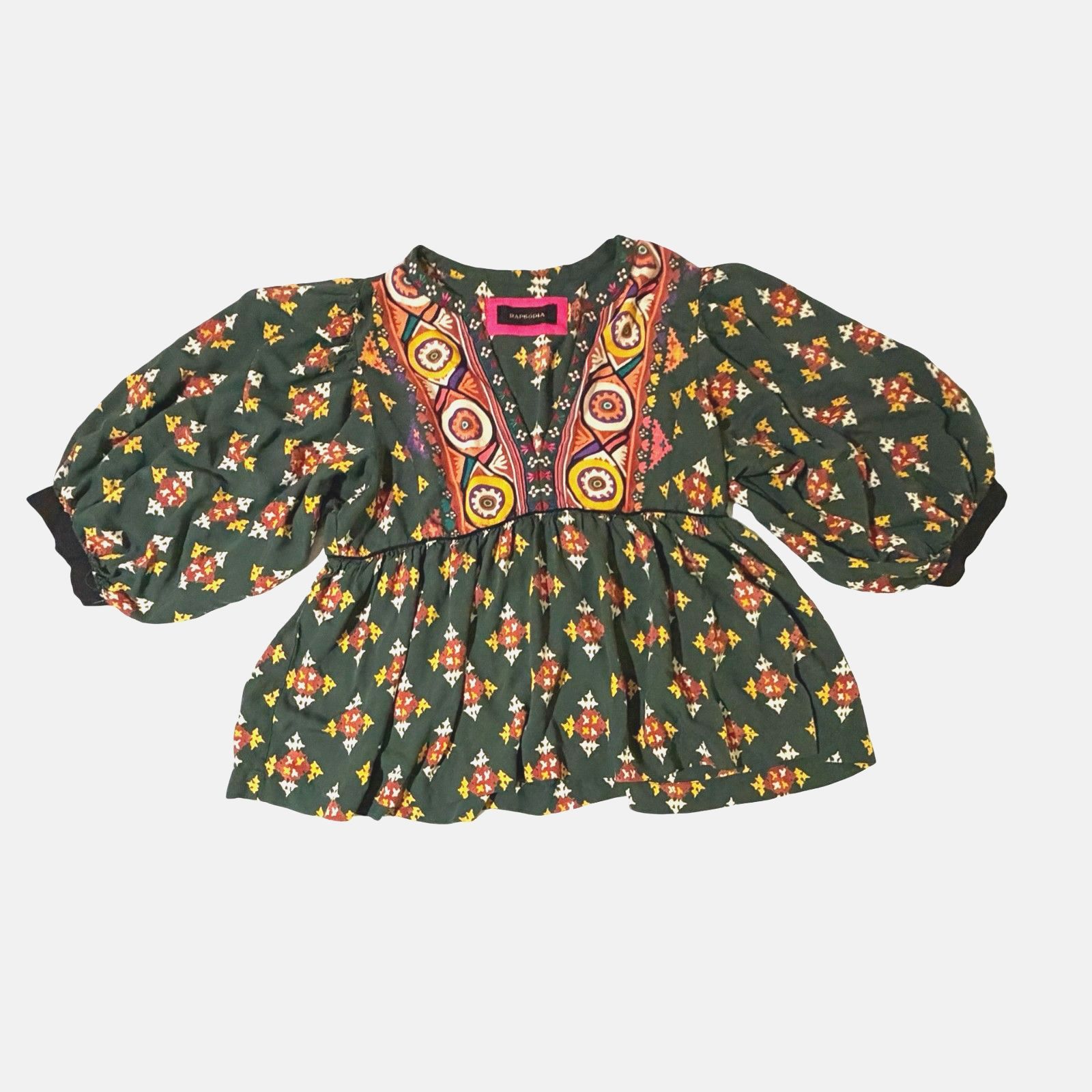 Rapsodia, Green, Babydoll Peasant Blouse, Folk Pattern Puff Sleeve Boho Top — image 4 of 5